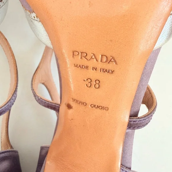 Prada Vintage Lilac Satin Snakeskin Trim Cutout Mary Jane T-Strap Heels EU38 - Picture 11 of 11